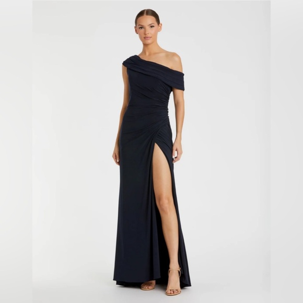 Ieena for Mac Duggal -Navy Foldover Off the Shoulder Slit Gown - Picture 1 of 14